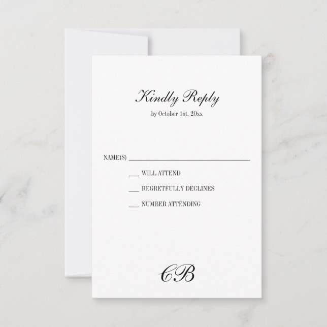 Elegant Black and White Script Monogram Wedding OSA Kort (Framsida)