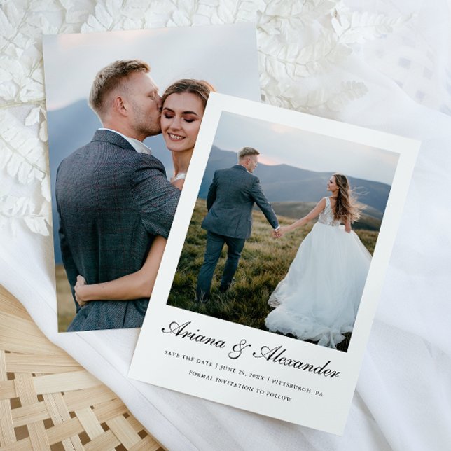 Elegant Black and White Script Two Photo Bröllop Spara Datumet (Skapare uppladdad)