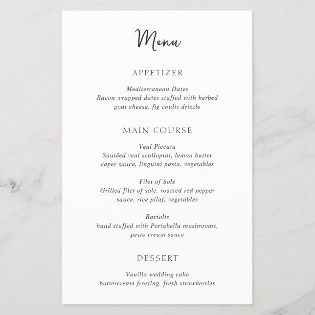 Elegant Black and White Simple Budget Bröllop Menu Flygblad (Framsidan)