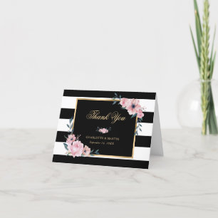 Elegant Black and White Stripe Rosa Blommigt Tack Kort