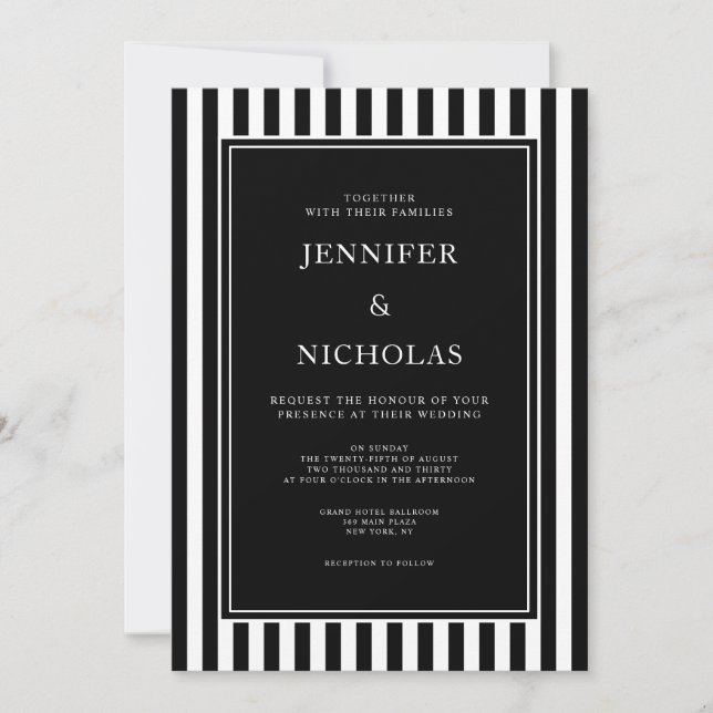 Elegant Black And White Stripes Wedding Inbjudningar (Framsida)