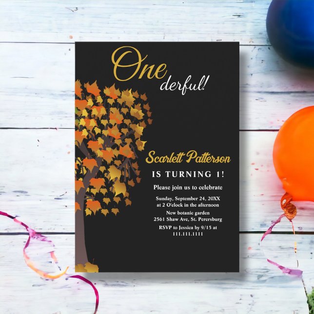 Elegant Black and White Träd faller 1:a födelsedag Inbjudningar (Skapare uppladdad)