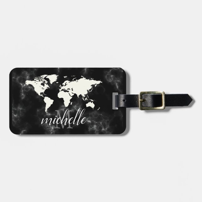 Elegant Black and White Travel World-Karta,Flygpla Bagagebricka (Horisontell Framsida)