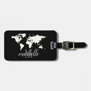 Elegant Black and White Travel World-Karta,Flygpla Bagagebricka