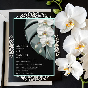 Elegant Black and White Tropical Orchids Bröllop Inbjudningar