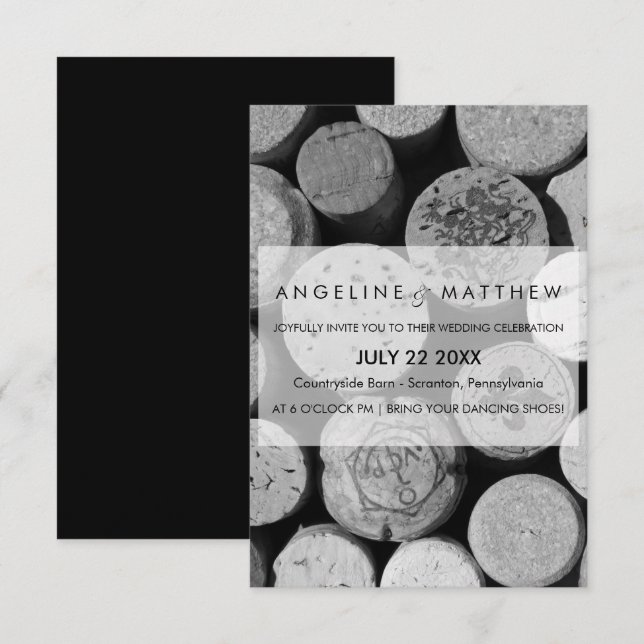 Elegant Black and White Vin Kork Bröllop-kort Inbjudningar (Fram/baksida)