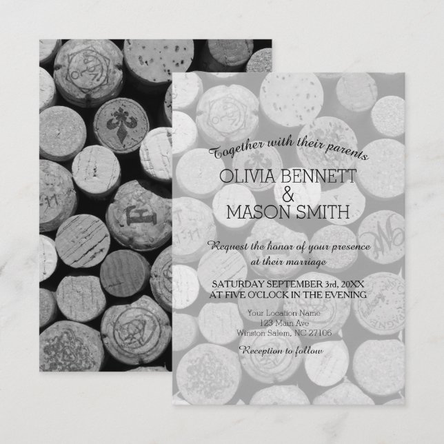 Elegant Black and White Vin Kork Bröllop-kort Inbjudningar (Fram/baksida)