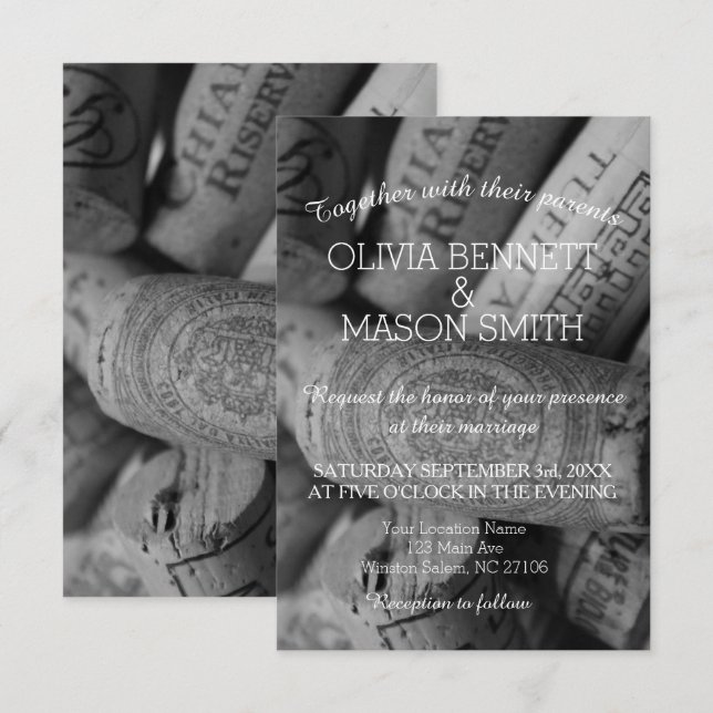 Elegant Black and White Vin Kork Bröllop-kort Inbjudningar (Fram/baksida)