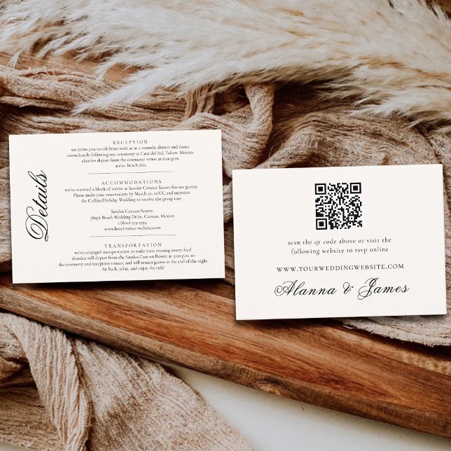 Elegant Black and White Wedding Details & QR RSVP  Tilläggskort (Skapare uppladdad)
