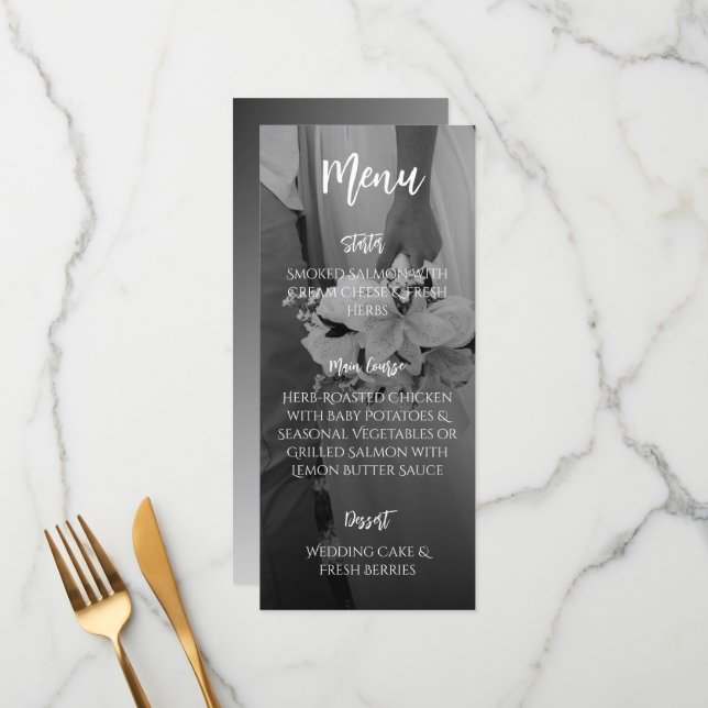Elegant Black And White Wedding Menu Meny (Fram/Back In Situ)