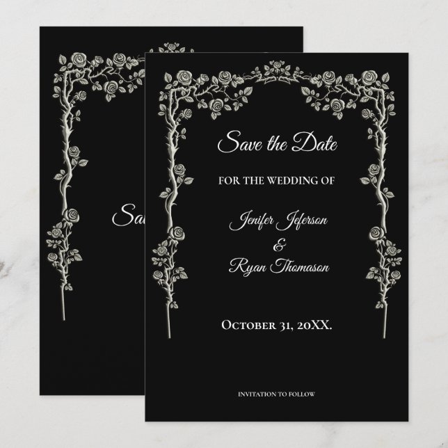Elegant black and white wedding save the date meddelande (Fram/baksida)