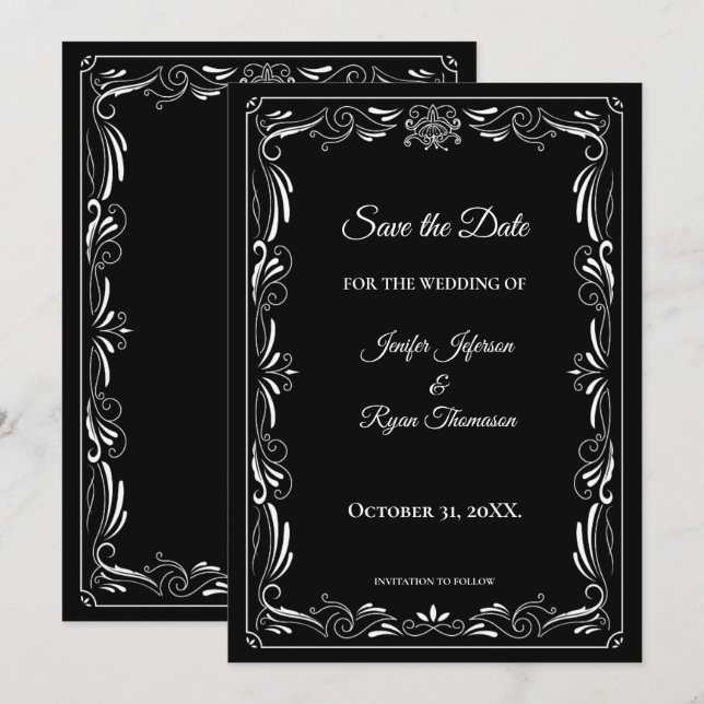 Elegant black and white wedding save the date meddelande (Fram/baksida)