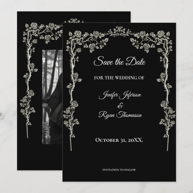 Elegant black and white wedding save the date meddelande (Fram/baksida)