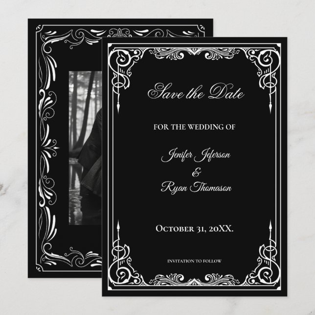 Elegant black and white wedding save the date meddelande (Fram/baksida)