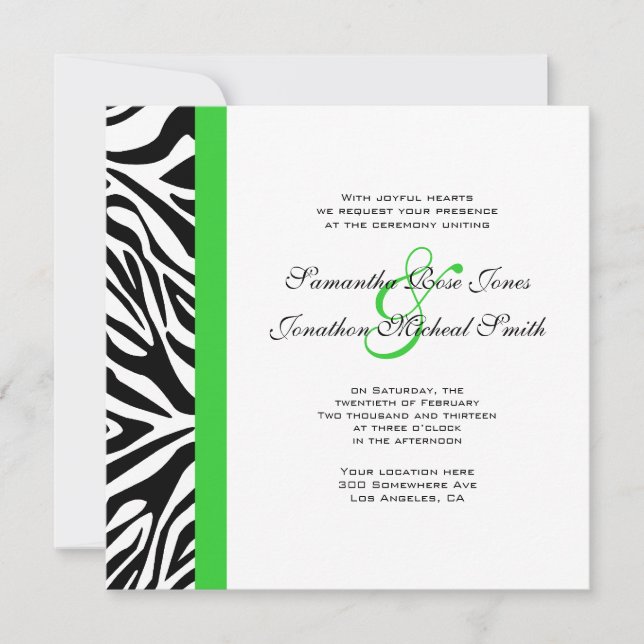 Elegant Black and White Zebra Lime Green Bröllop Inbjudningar (Framsida)