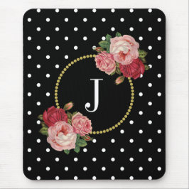 Elegant Black Antique Blommigt Polka dots Monogram Musmatta