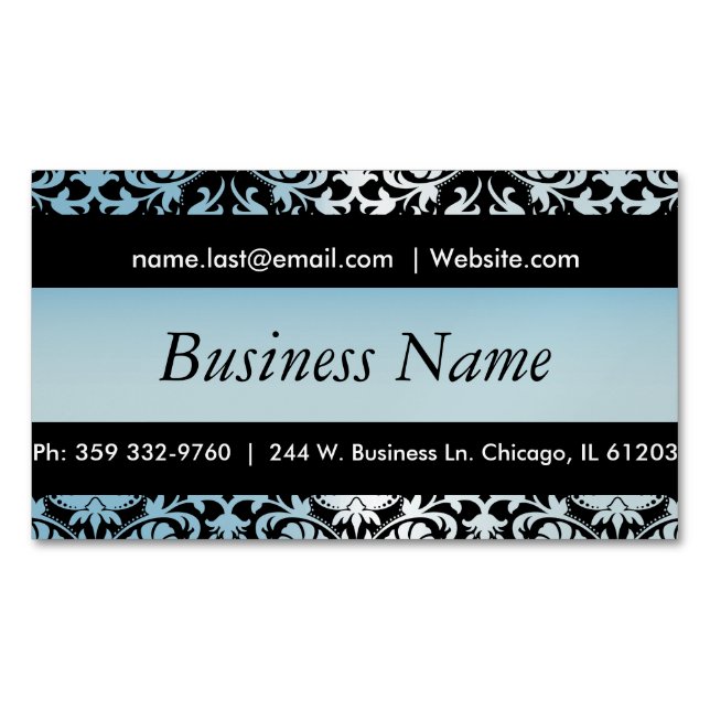 Elegant Black & Aqua Blue Damask Design Magnetiska Visitkort (Framsida)