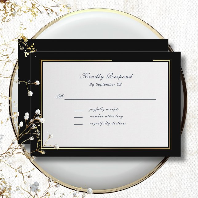 Elegant Black Background Gold Frame RSVP (Skapare uppladdad)