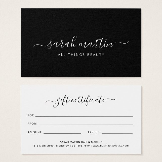 Elegant Black Beauty Salon Gift Certificate Visitkort (Framsida & baksida)