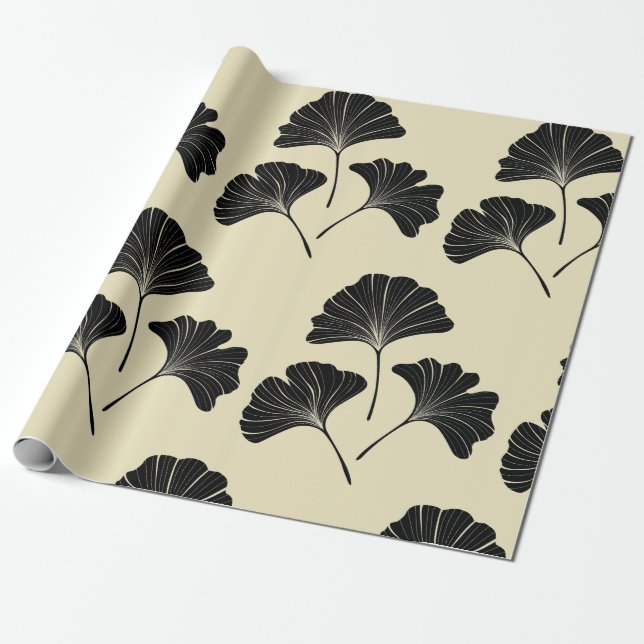Elegant Black beige ginkgo löv Presentpapper (Utrullad)
