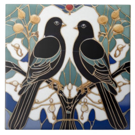 Elegant Black Birds Art nouveau Bird Art Deco Kakelplatta
