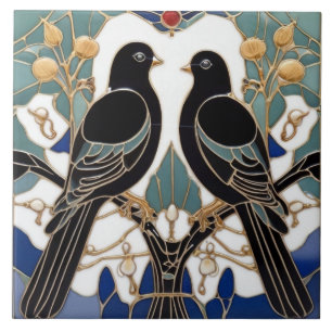 Elegant Black Birds Art nouveau Bird Art Deco Kakelplatta