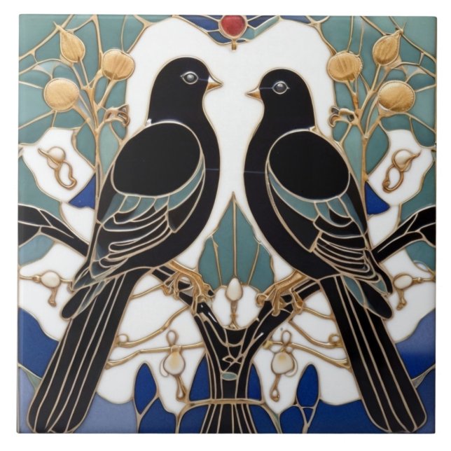 Elegant Black Birds Art nouveau Bird Art Deco Kakelplatta (Framsidan)