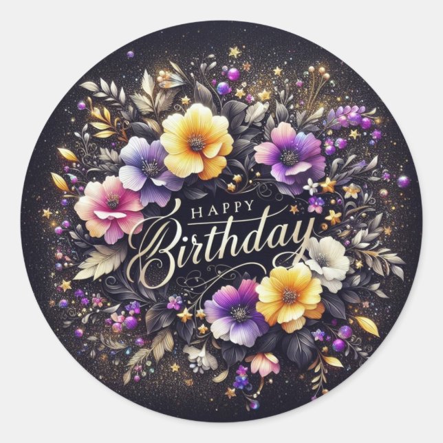 Elegant Black Birthday Sticker Runt Klistermärke (Framsida)