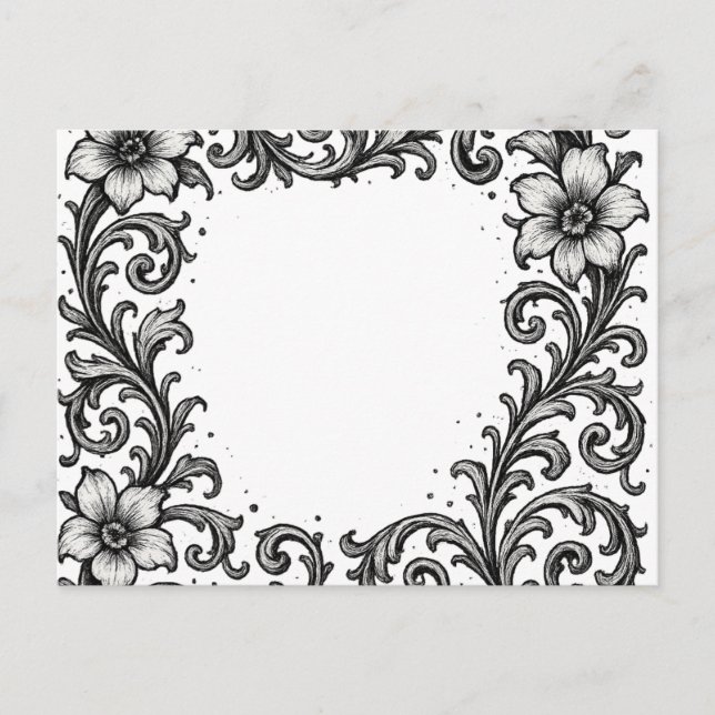 Elegant Black Bläck Blommigt Gräns Design Vykort (Framsida)