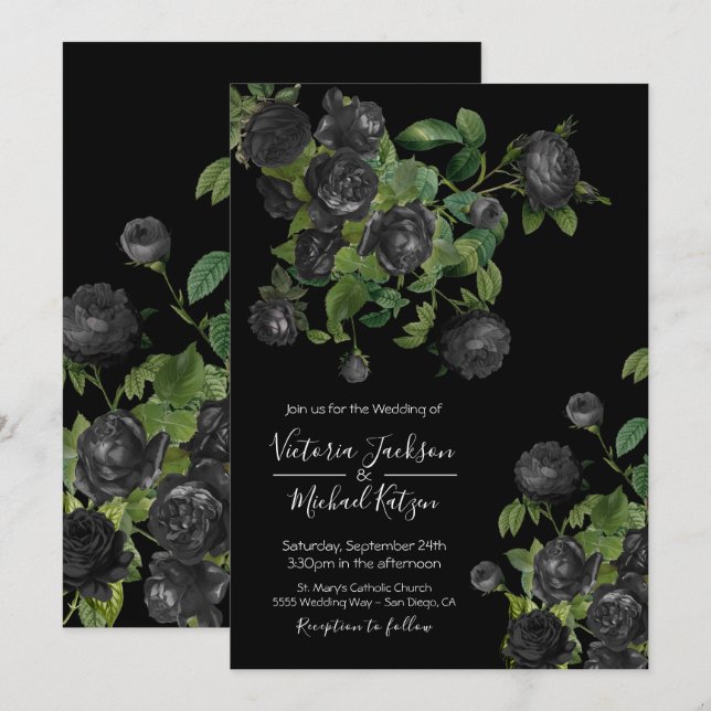 Elegant Black Blommigt Botanical Wedding bjudande Inbjudningar (Fram/baksida)