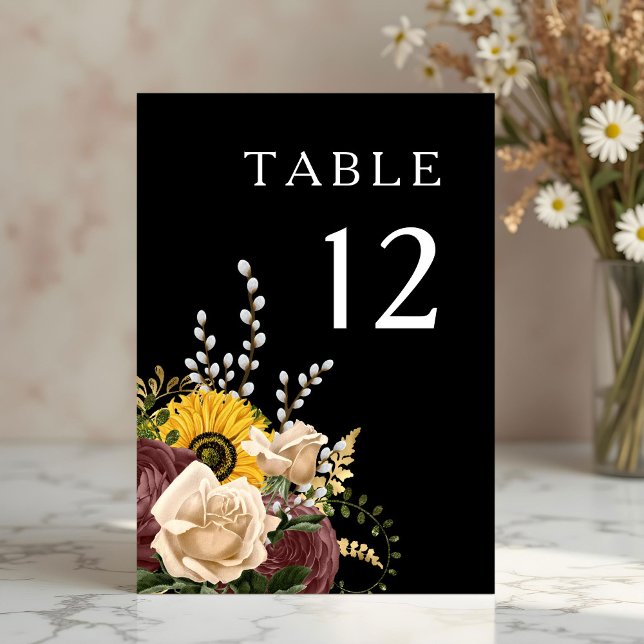 Elegant Black Blommigt Bröllop Bordsnummer (Elegant Black Floral Wedding Table Number)