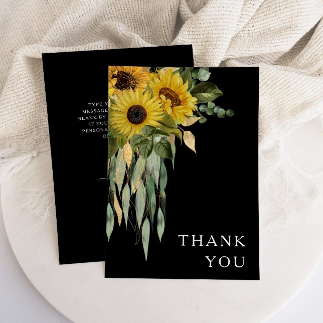Elegant Black Blommigt Bröllop Tack Kort (Floral Sunflower Eucalyptus Black Wedding Thank You Card)