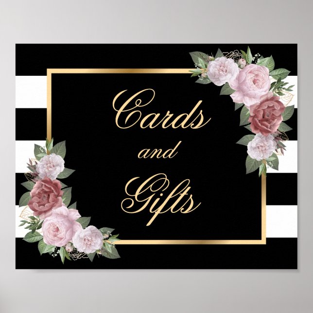 Elegant Black Blommigt Bröllopskort and Gifts Sign Poster (Framsidan)