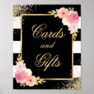 Elegant Black Blommigt Bröllopskort and Gifts Sign Poster