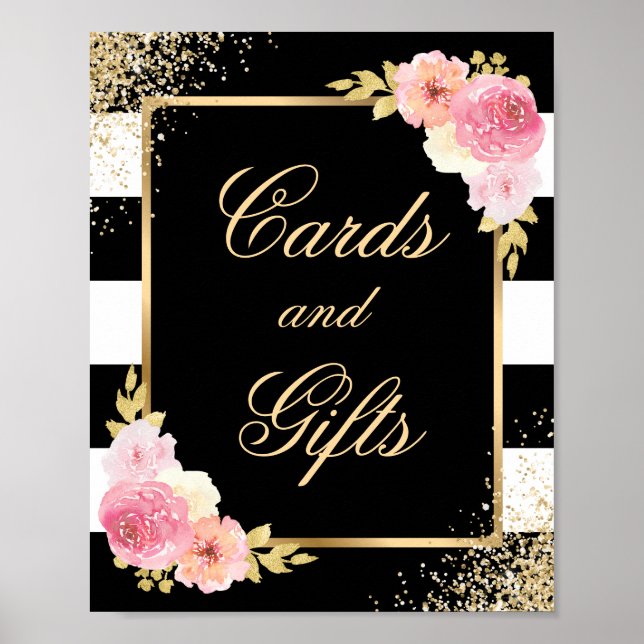 Elegant Black Blommigt Bröllopskort and Gifts Sign Poster (Framsidan)