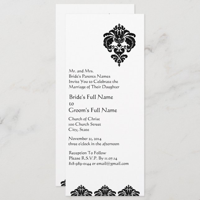 Elegant Black Blommigt Damask Wedding Inbjudningar (Fram/baksida)