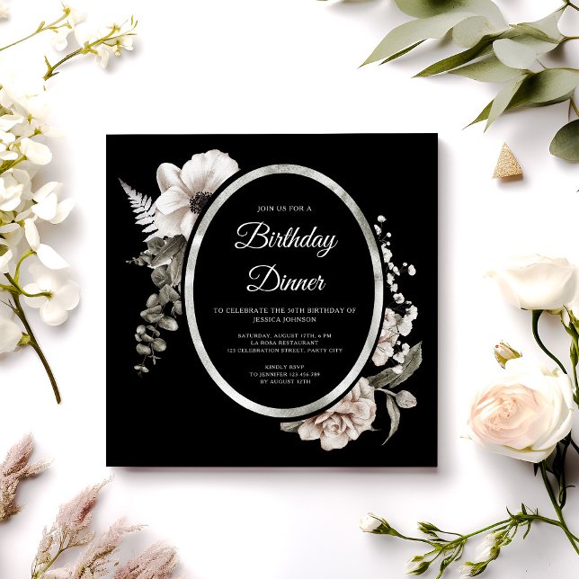 Elegant Black Blommigt Födelsedag Party Inbjudningar (Elegant Floral Cream Black Birthday Dinner Party Invitation)
