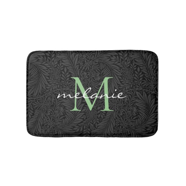 Elegant Black Blommigt Grönt Script Monogram Badrumsmatta (Framsidan)