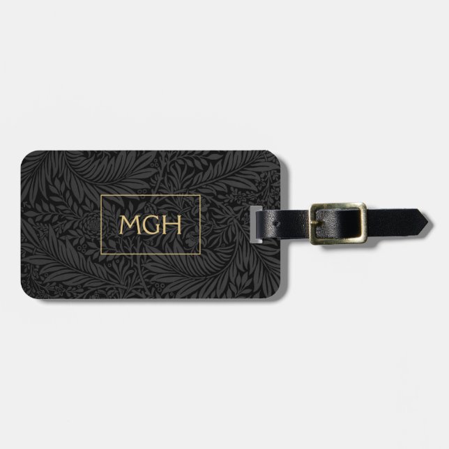 Elegant Black Blommigt Guld Monogram Bagagebricka (Horisontell Framsida)