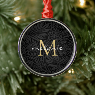 Elegant Black Blommigt Guld-skript, Monogram Julgransprydnad Metall