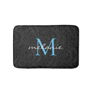 Elegant Black Blommigt Himlar Blue Script Monogram Badrumsmatta
