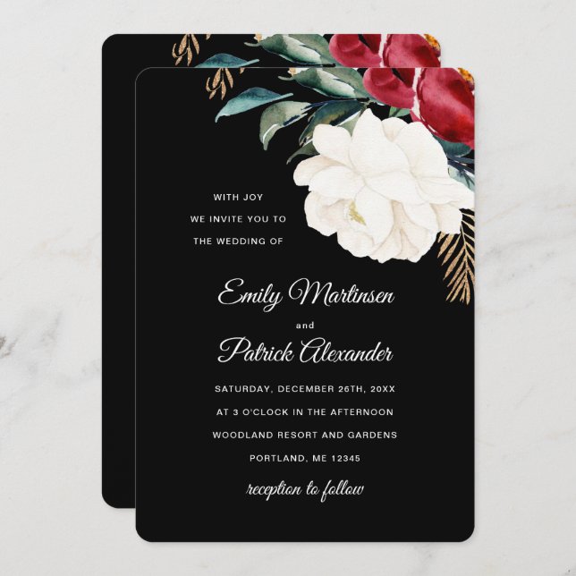 Elegant Black Blommigt jul Bröllop Inbjudningar (Fram/baksida)