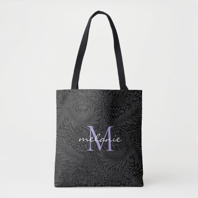 Elegant Black Blommigt Lavender Script Monogram Tygkasse (Framsida)