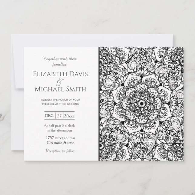 Elegant Black Blommigt Mandala White Design Inbjudningar (Framsida)