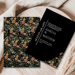 Elegant Black Blommigt Modern Botaniska Bröllop Inbjudningar