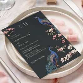 Elegant Black Blommigt Peacock Bröllop Inbjudningar