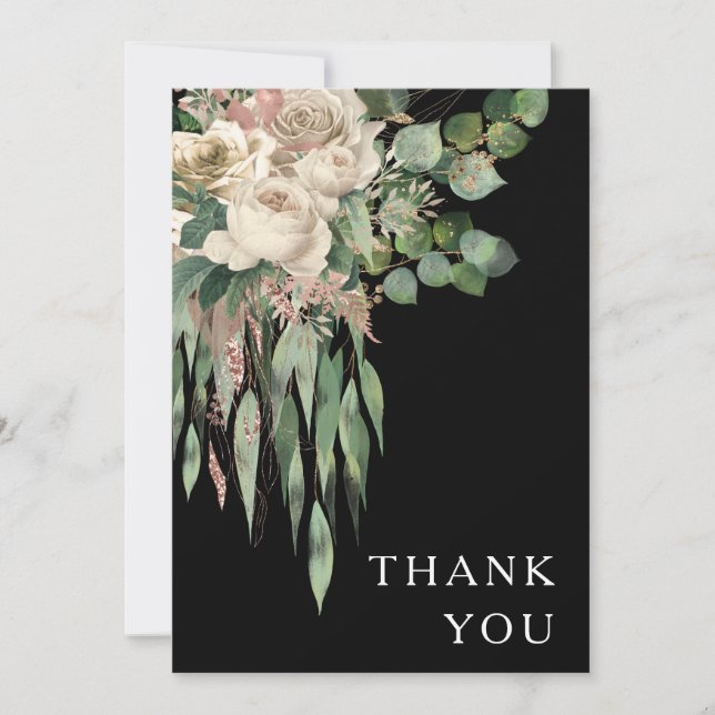 Elegant Black Blommigt Peonies Bröllop Tack Kort (Framsida)