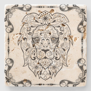 Elegant Black Blommigt Ram Lejon Sugar Skull 2 Underlägg Sten