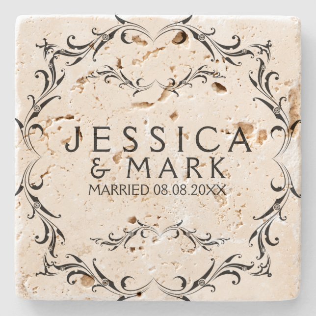 Elegant Black Blommigt Ram Stenunderlägg (Framsidan)