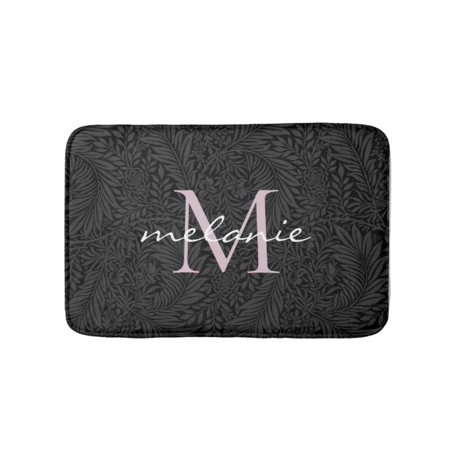 Elegant Black Blommigt  Rosa Script Monogram Badrumsmatta (Framsidan)